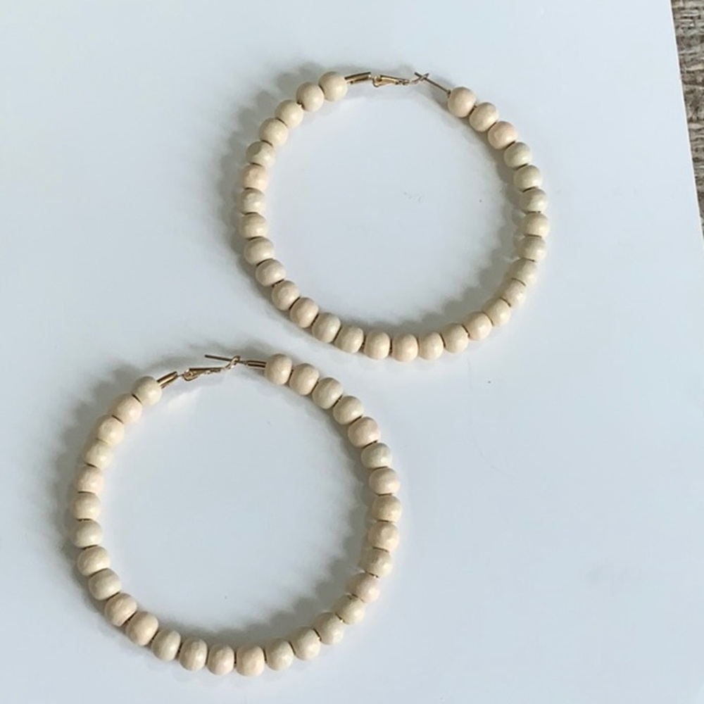 Cream wooden beads 3 “ hoops earrings new handmade